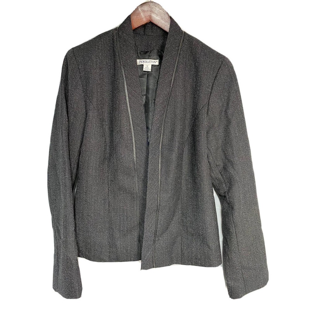 Pendleton Womens Blazer Jacket 100% Wool 100% Leather Trim Black Heather Size 12